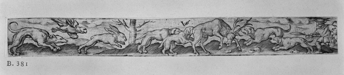 Hirschjagd (rechts), Falkenjagd (links)