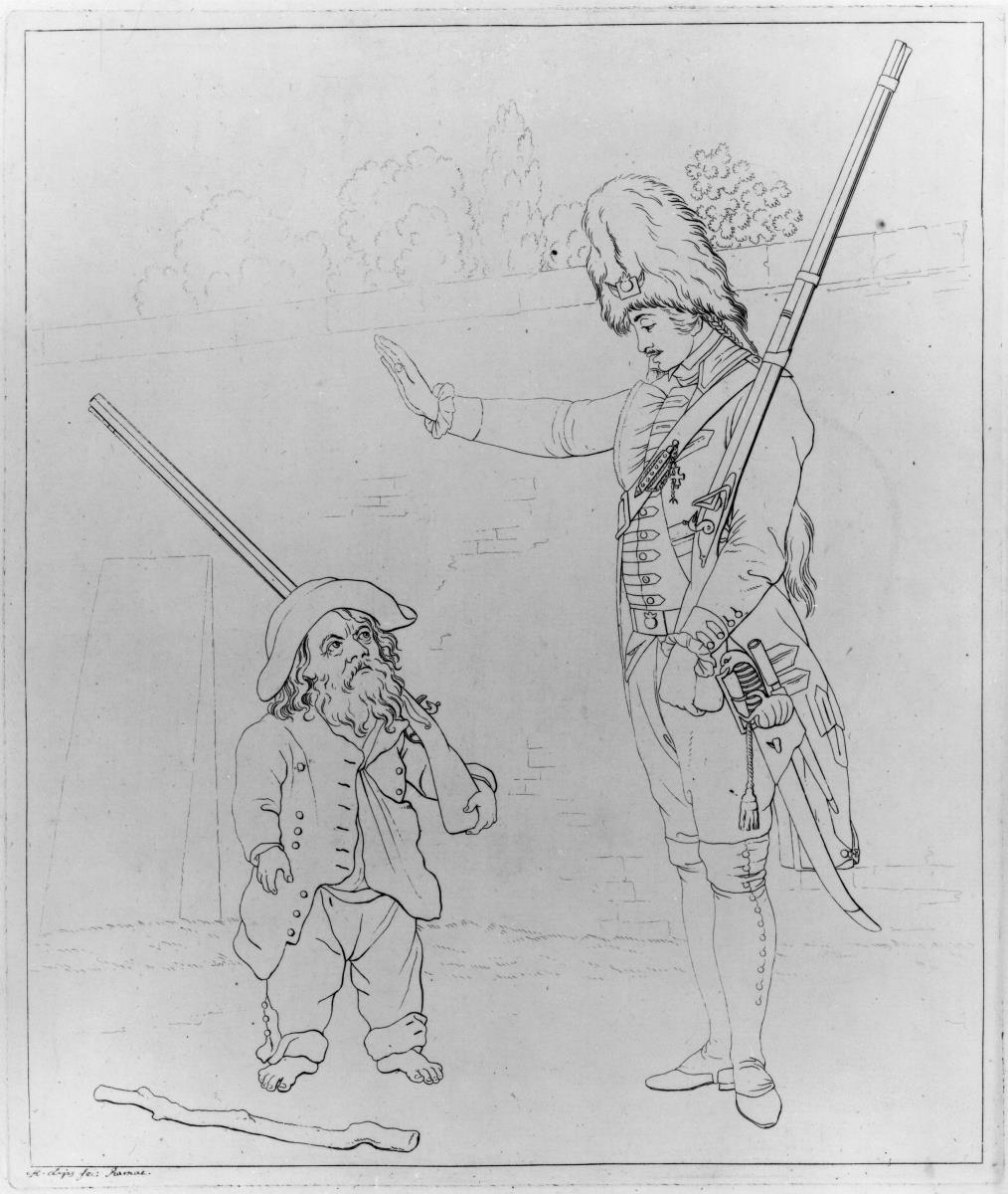 Zwerg und Soldat vor einer Mauer