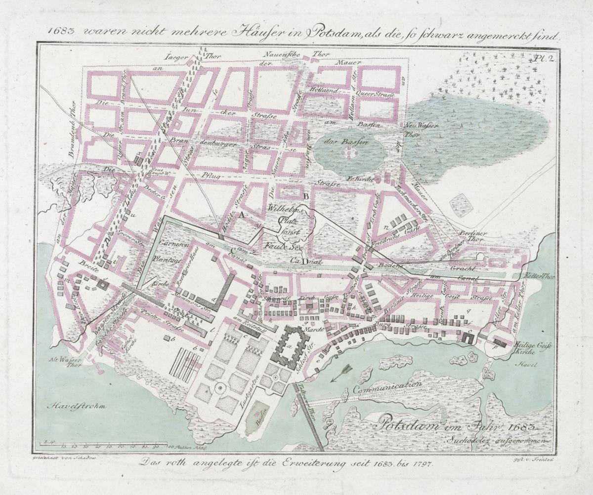 Plan von Potsdam von 1683 mit Erweiterungen bis 1797