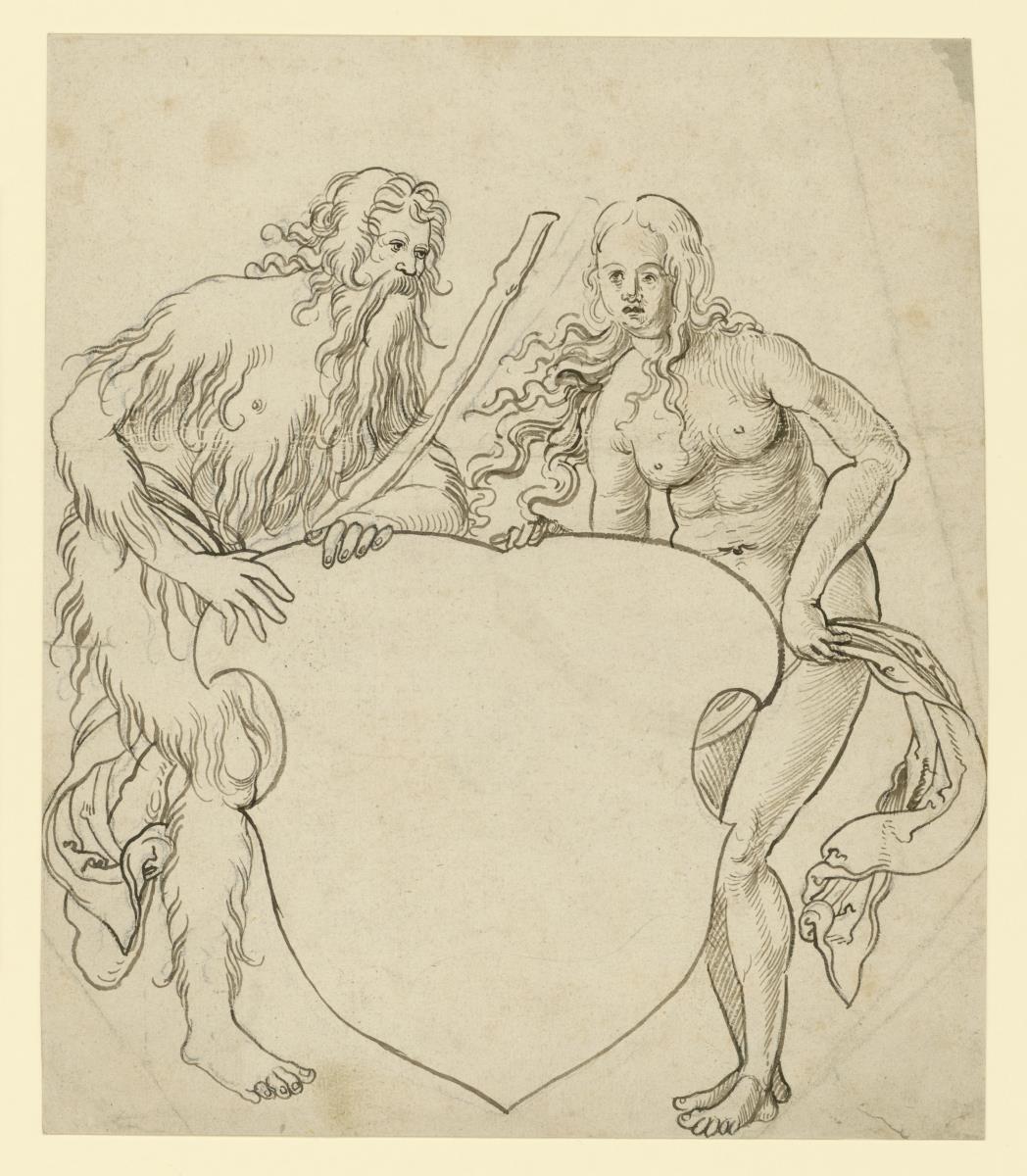 Ein wilder, behaarter Mann und eine nackte Frau als Halter eines leeren Wappenschildes