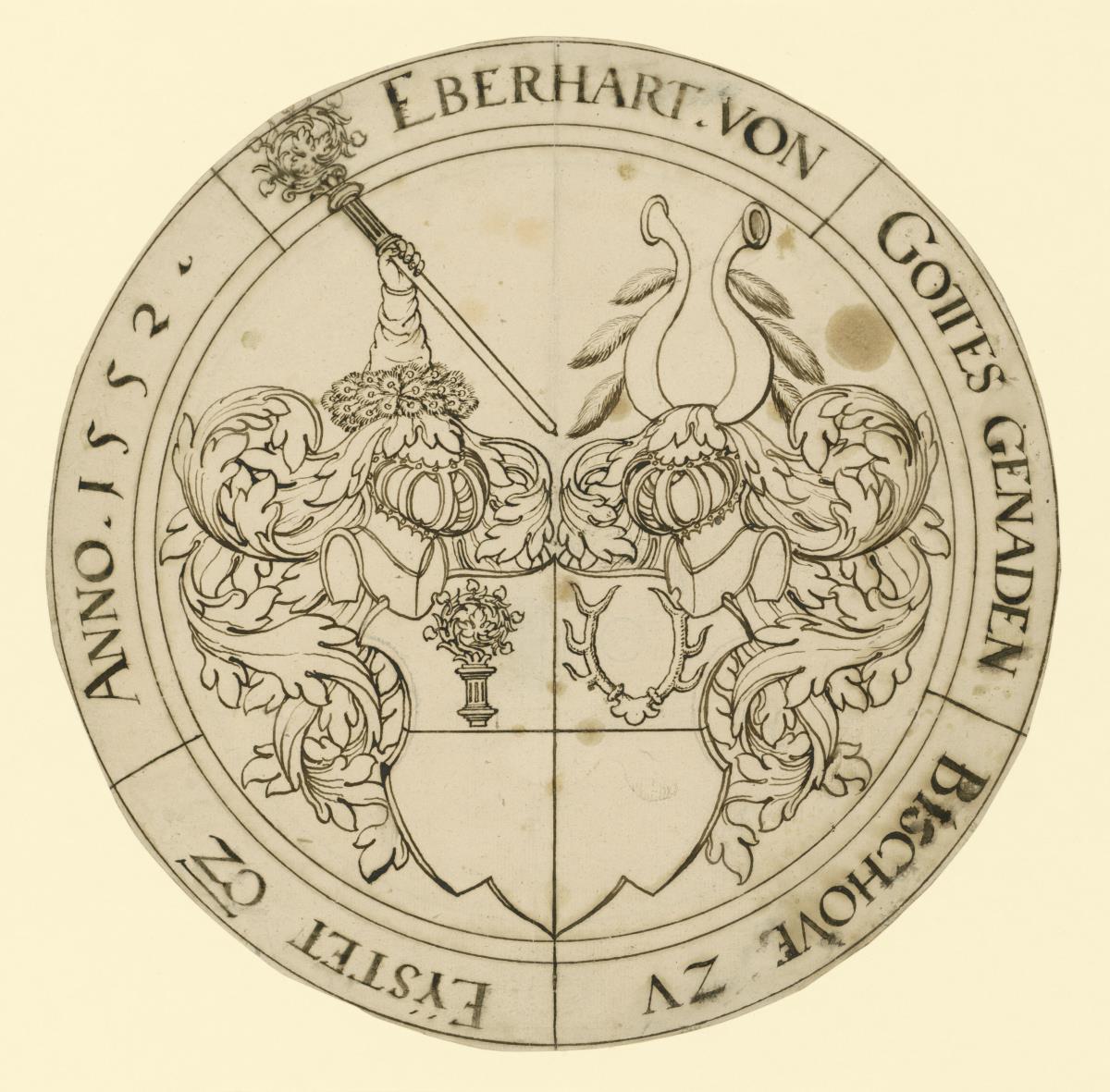 Wappen mit Bischofsstab und Geweih im gevierteten Schild
