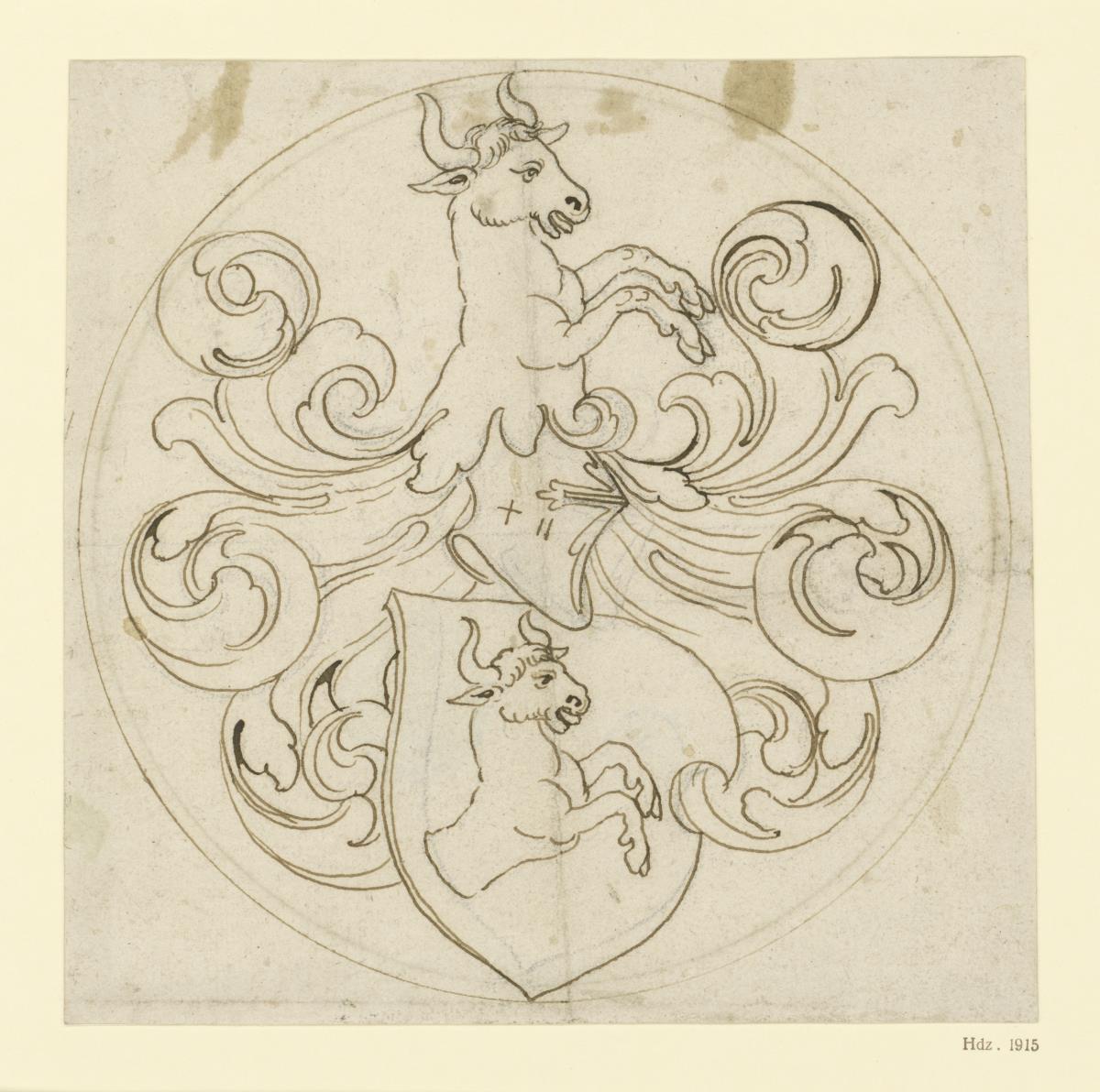 Wappen mit runder Fassung, im Schild drei Beile, auf dem Helm weibliche Halbfigur mit zwei Beilen, am Rande vier Wappenschilder