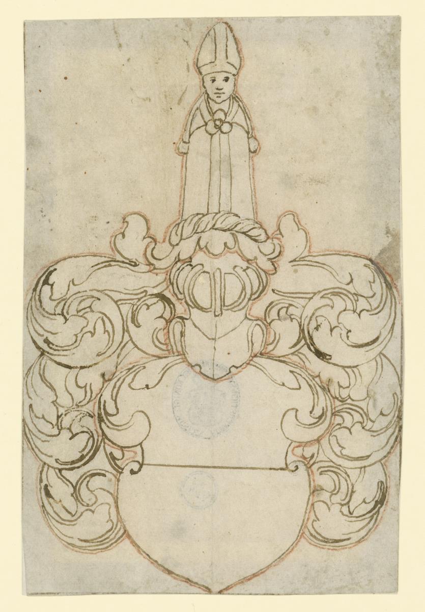 Wappenscheibe, leeres Schild, Helm mit Halbfigur eines Bischofs als Helmzier