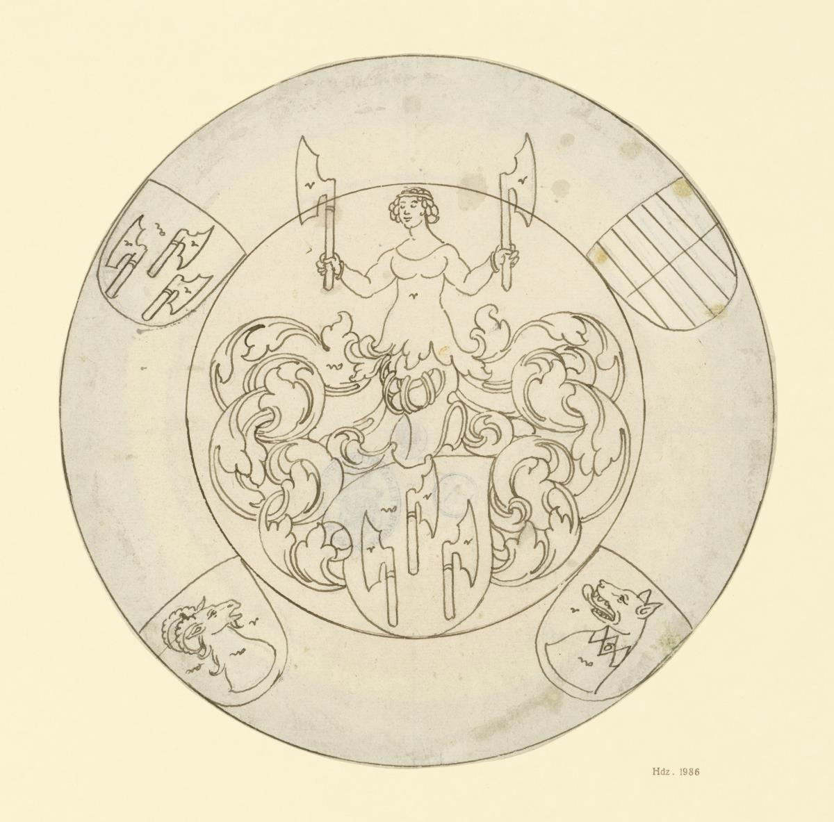 Wappen mit runder Fassung, im Schild drei Beile, auf dem Helm weibliche Halbfigur mit zwei Beilen