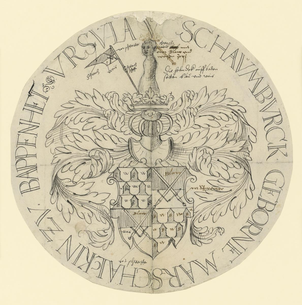 Runde Wappenscheibe, zwei gekreuzte Schwerter und je drei Reihen Türmchen auf dem Schild