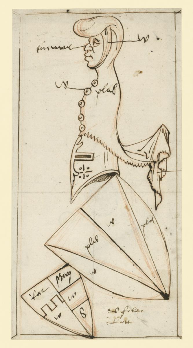 Wappen, zwei schräg liegende Schilder, in Felder zerlegt, als Helmzier männliche Halbfigur in Kapuze