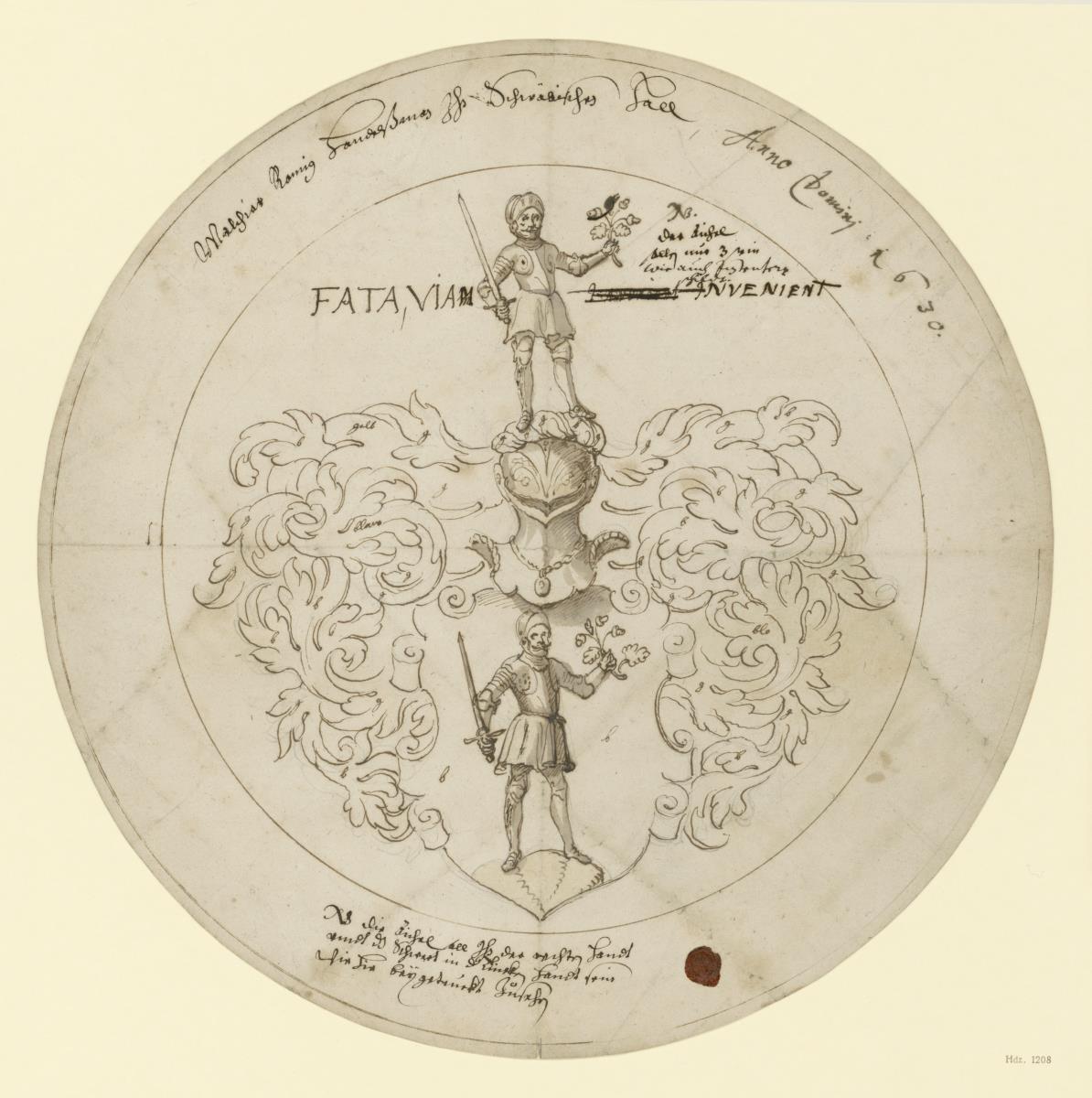 Runder Scheibenriss mit Wappen, Schild und Helmzier