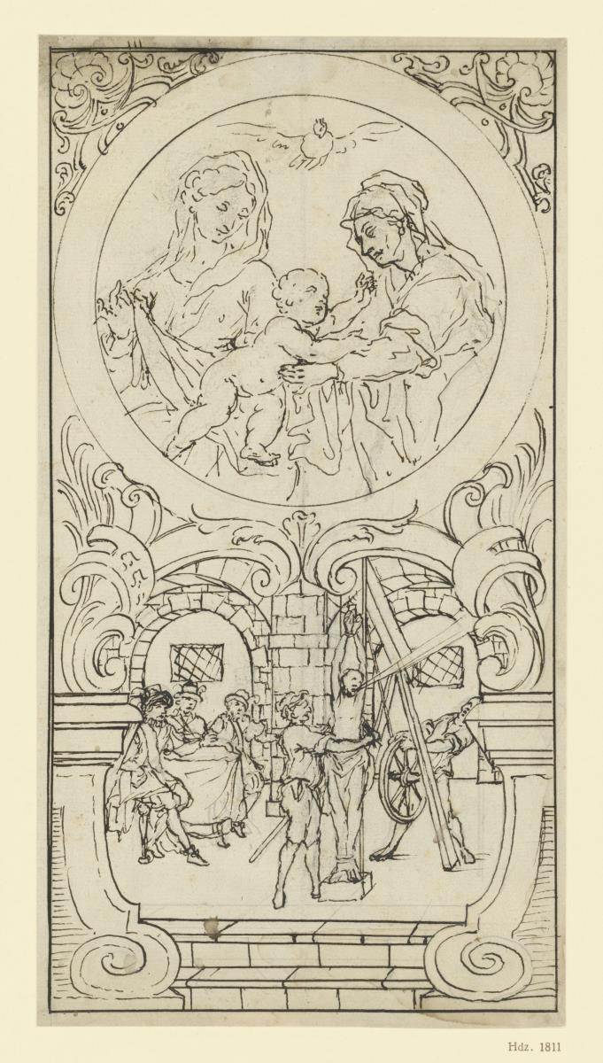 Oblonge Fensterfüllung, oben Maria mit dem Jesuskind und St. Anna, unten eine Folterszene