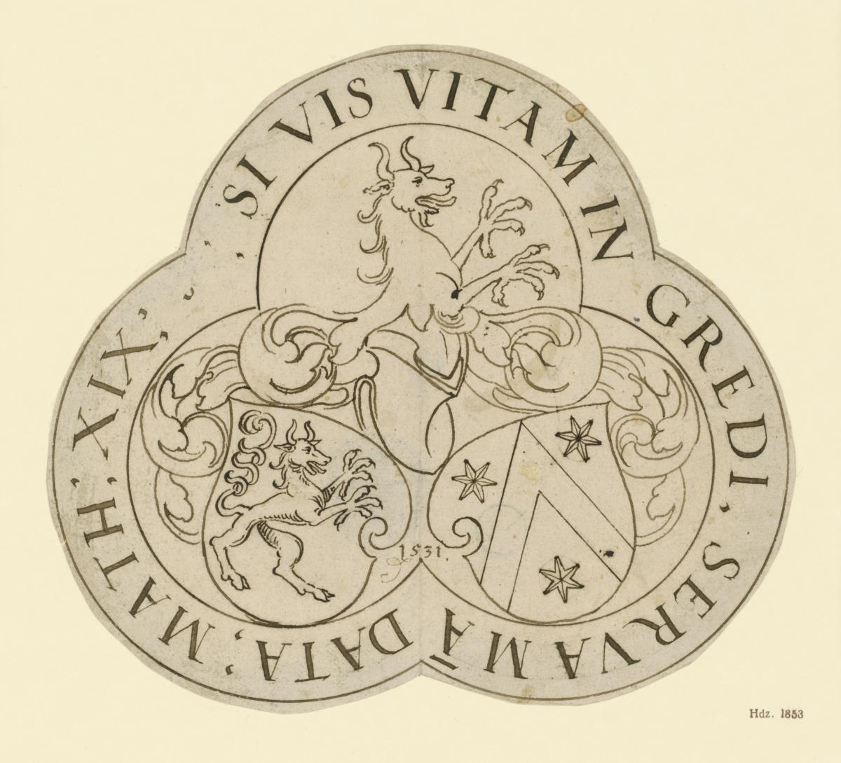 Wappen in Dreipassform mit steigendem gehörnten Tier und drei Sternen und Winkelstreif in den beiden Schilden