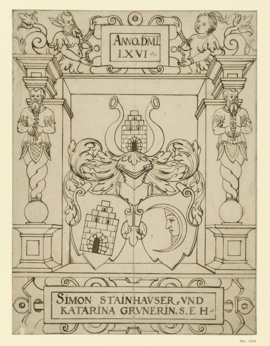 Nürnberger Riss für eine Wappenscheibe, Doppelwappen mit Steinhaus und Halbmond