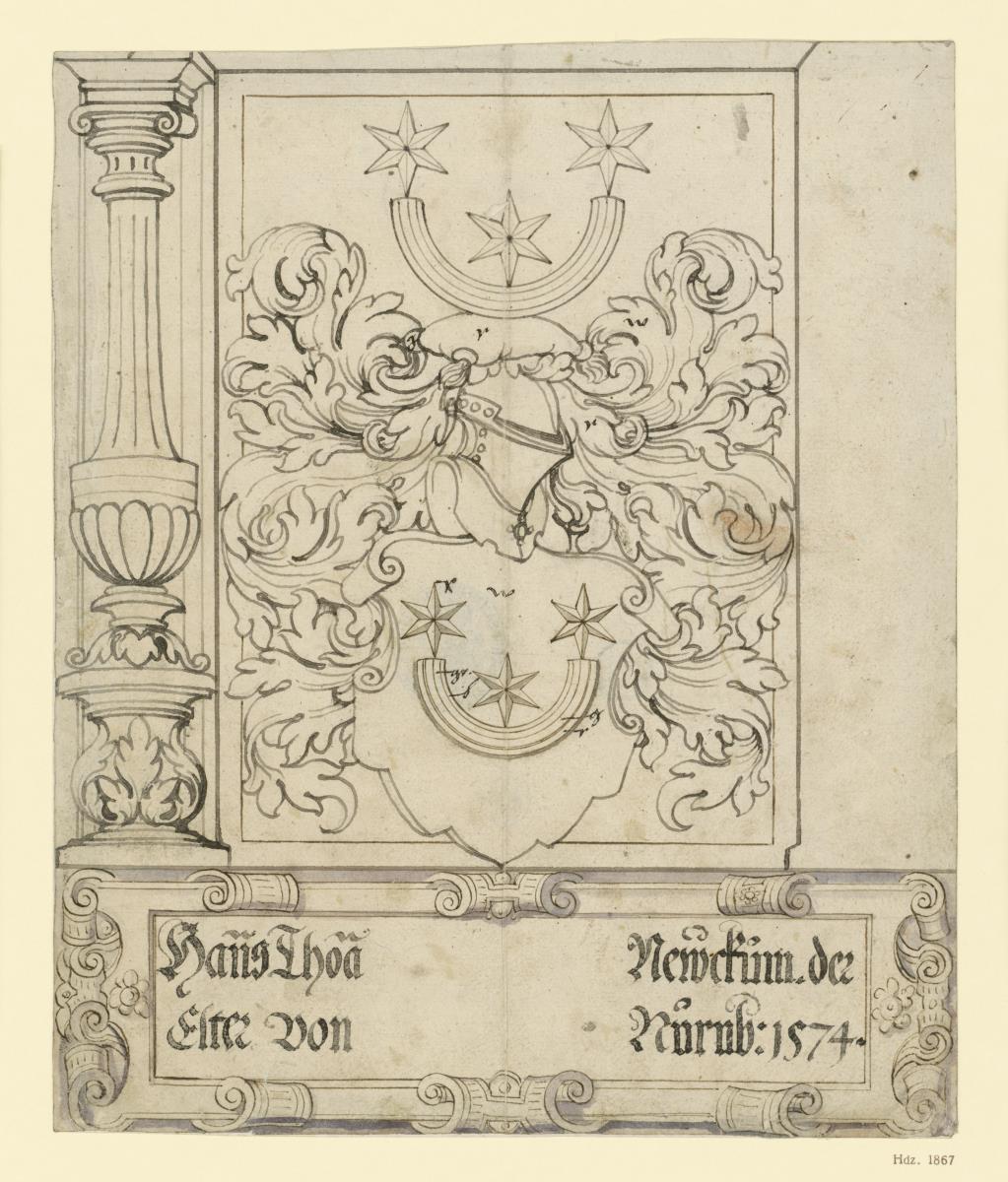 Wappen mit drei Sternen auf einem Halbring am Schild und als Helmzier
