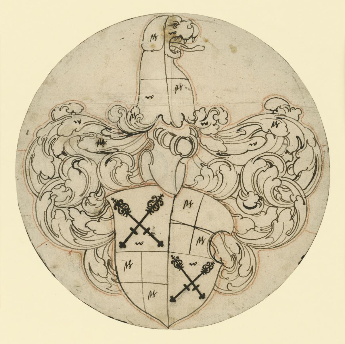 Runde Wappenscheibe, gekreuzte Zepter im Schild, Hundekopf als Helmzier