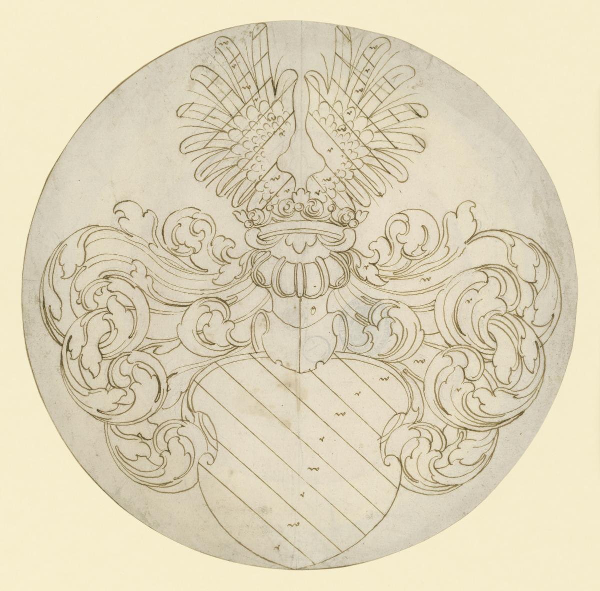 Wappenscheibe, rund, Schild schräg gestreift, Helm mit zwei Flügeln