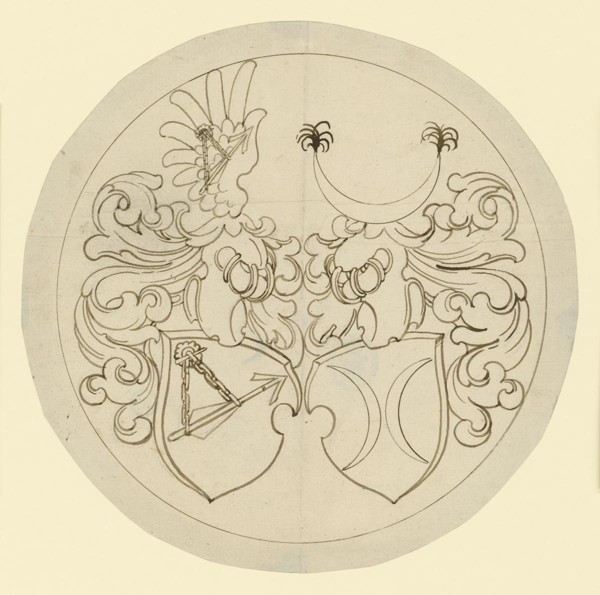 Wappen, zwei Schilder mit angekettetem Pfeil und zwei Mondsicheln