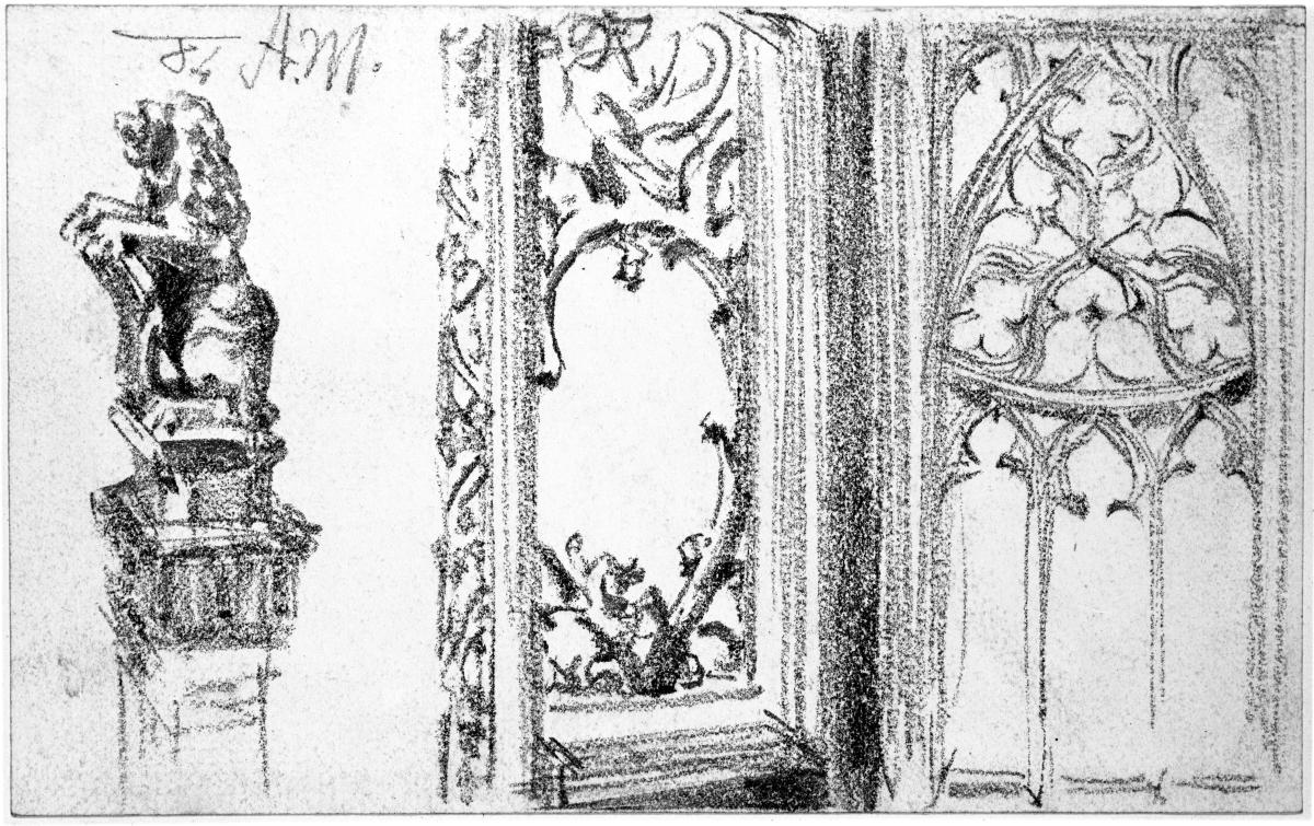 Pfeiler mit Löwe als Wappenhalter, Architekturdekor und gotisches Maßwerk in der Stiftskirche zu Berchtesgaden