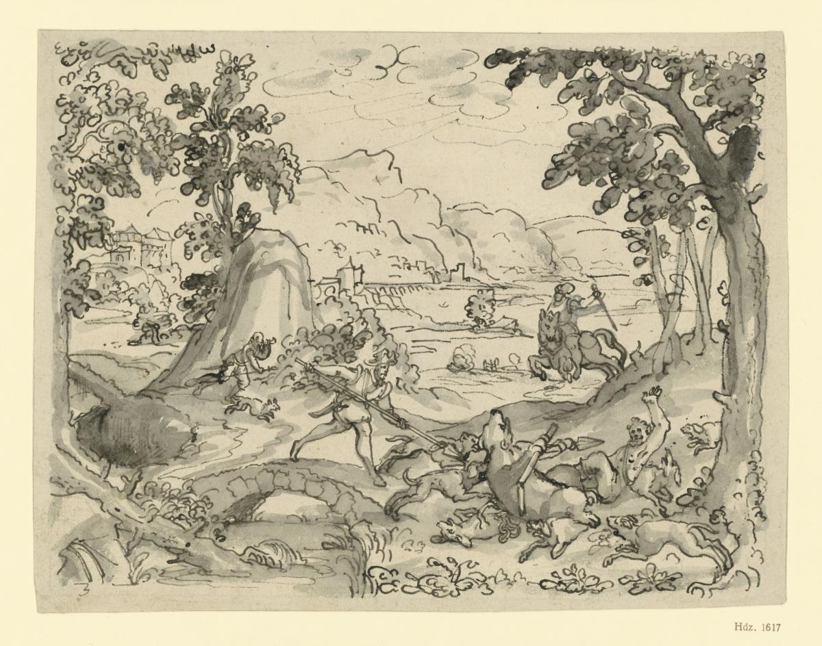 Landschaft mit Bärenjagd im Vordergrund