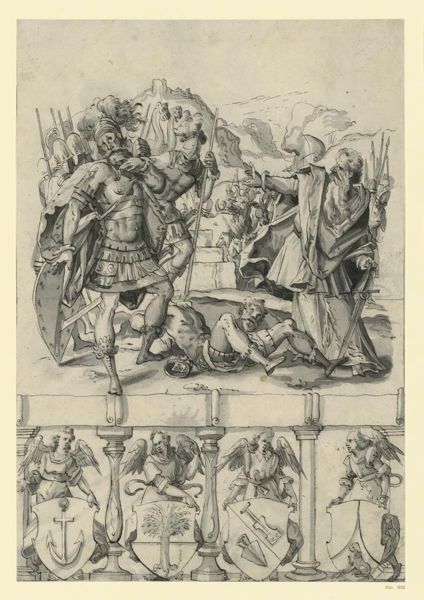 Biblische Szene, unten vier Wappen von Engeln gehalten.