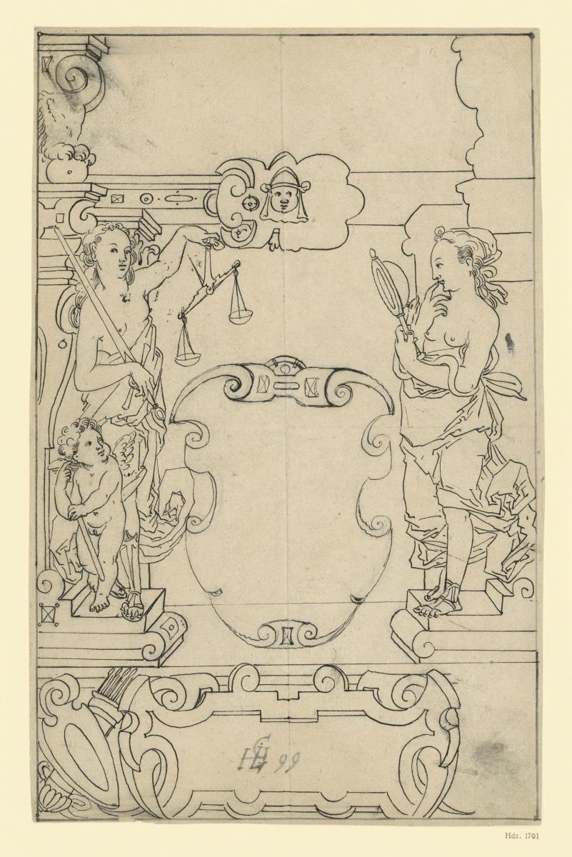 Neben leerem Wappenschild stehen die Figuren der Prudentia und der Justitia