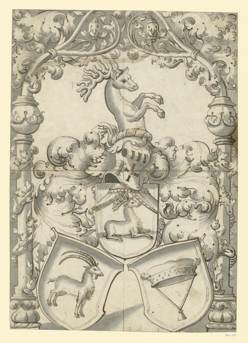 Wappen mit drei Schilden (Hirsch, Steinbock und Hermelinmütze) und der Halbfigur eines Hirsches als Helmzier