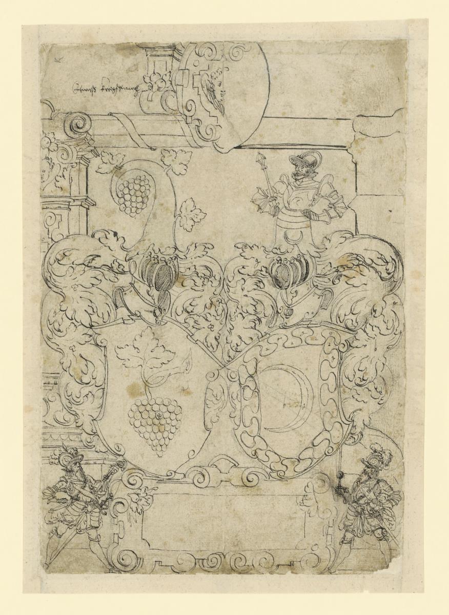 Zwei Wappen mit Weintraube und Halbmond vor Architektur