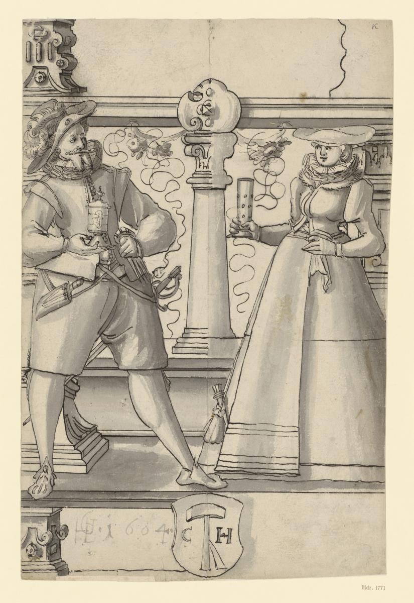 Ein Krieger und seine Hausfrau mit je einem Pokal in der Hand, untern Wappen mit C H ,dazwischen Hammer