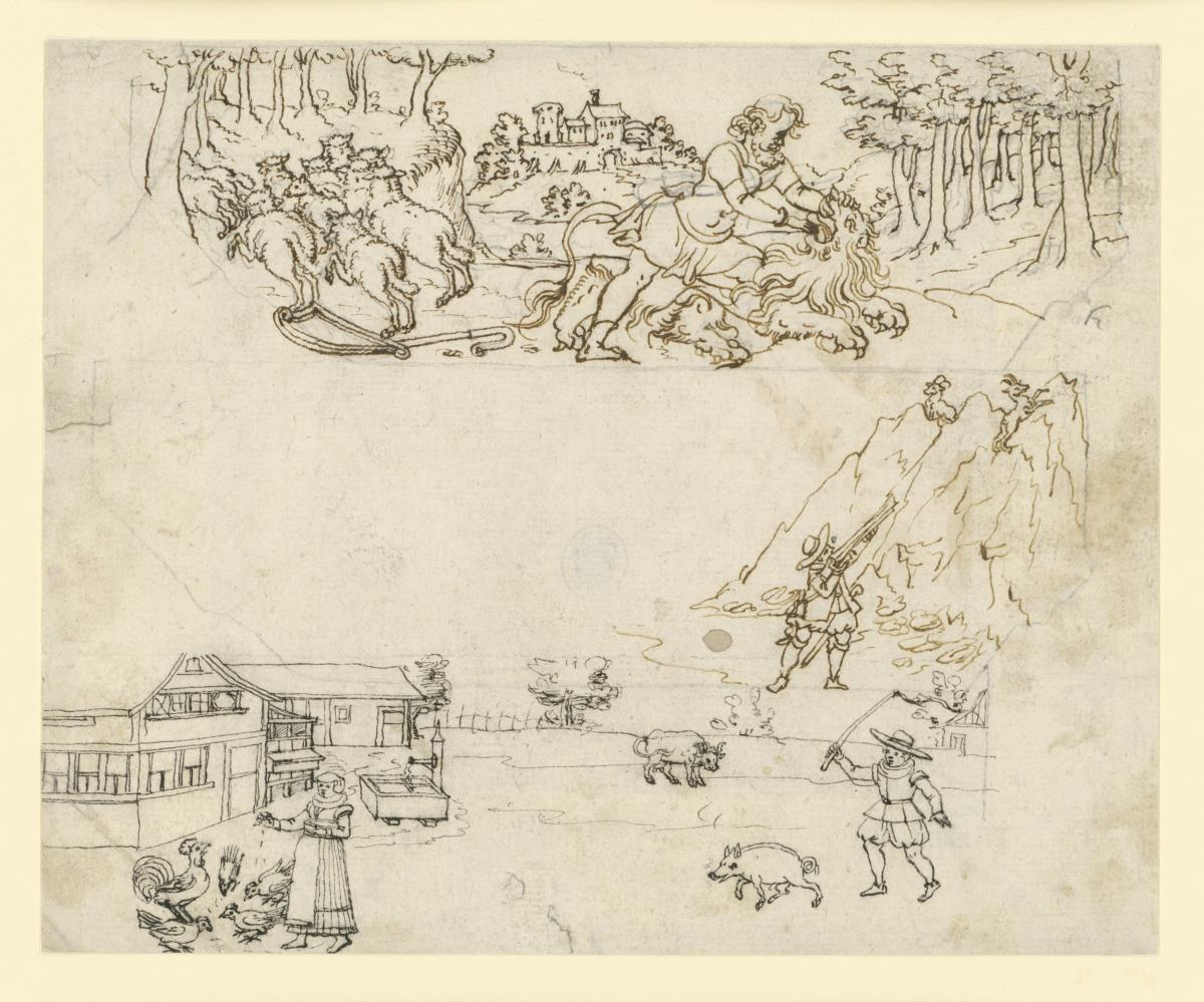 Zwei Szenen, Simson den Löwen bezwingend in Landschaft und Schweizerhaus mit einigen Figuren und einer Gemsjagd