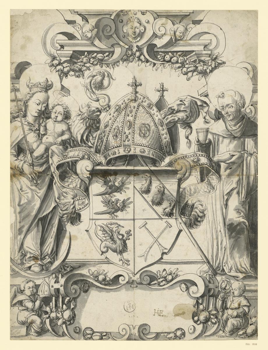 Neben einem Bischofswappen steht die Madonna als Regina coeli und ein männlicher Heiliger im Mönchsgewand