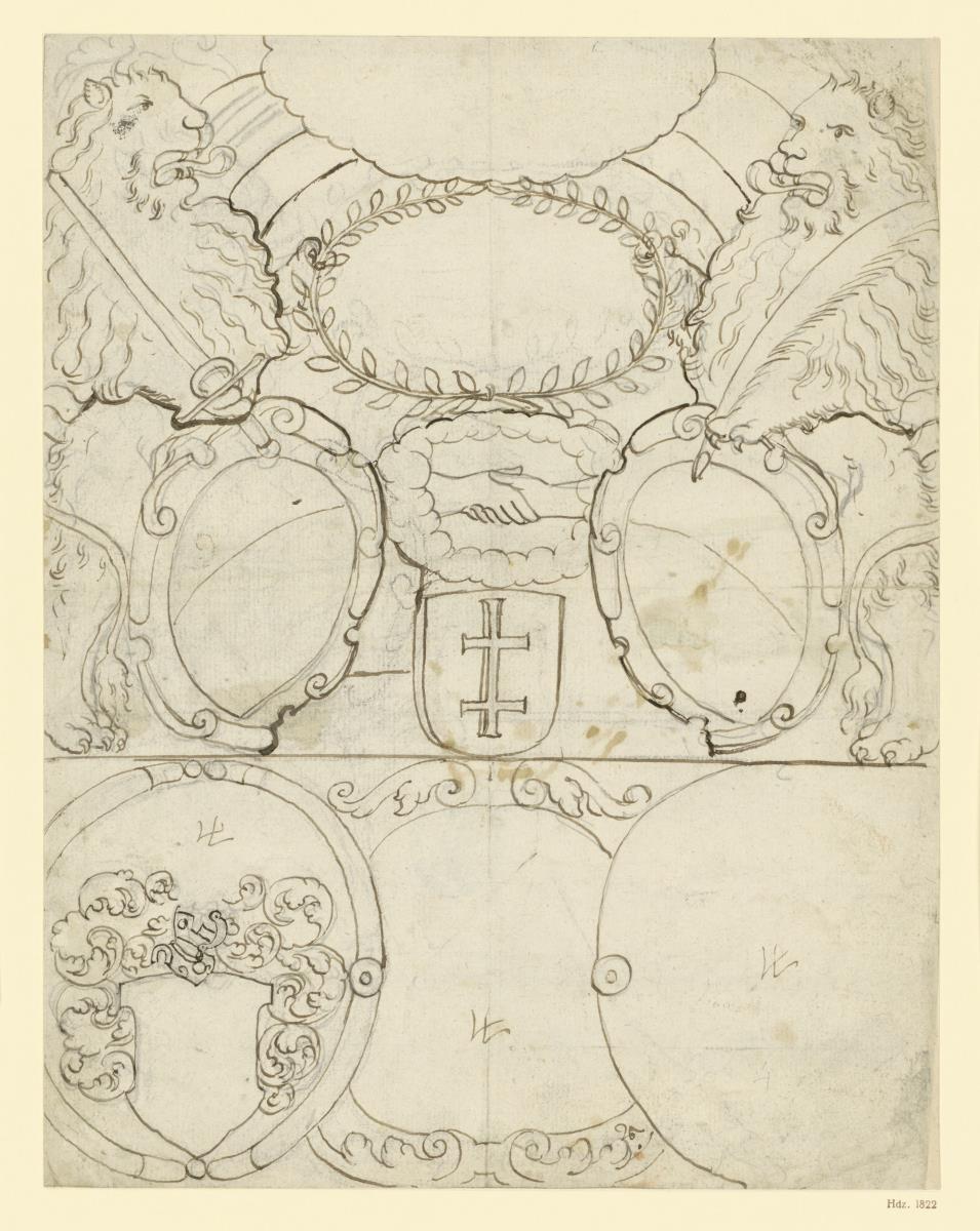Wappentafel, zwei Löwen als Schildhalter mit Schwert, Palme und Kranz