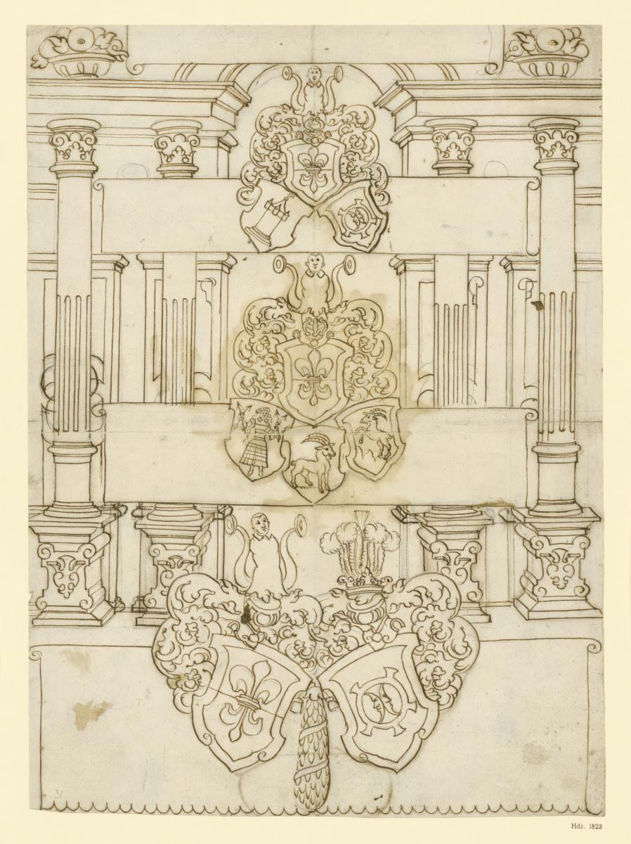 Vier Wappen mit mehrfachen Schilden vor Scheinarchitektur