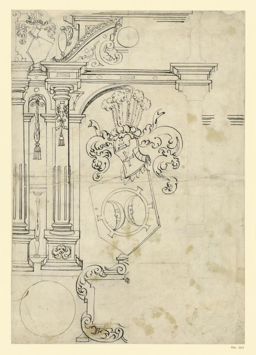Wappen mit zwei Halbmonden vor Architektur