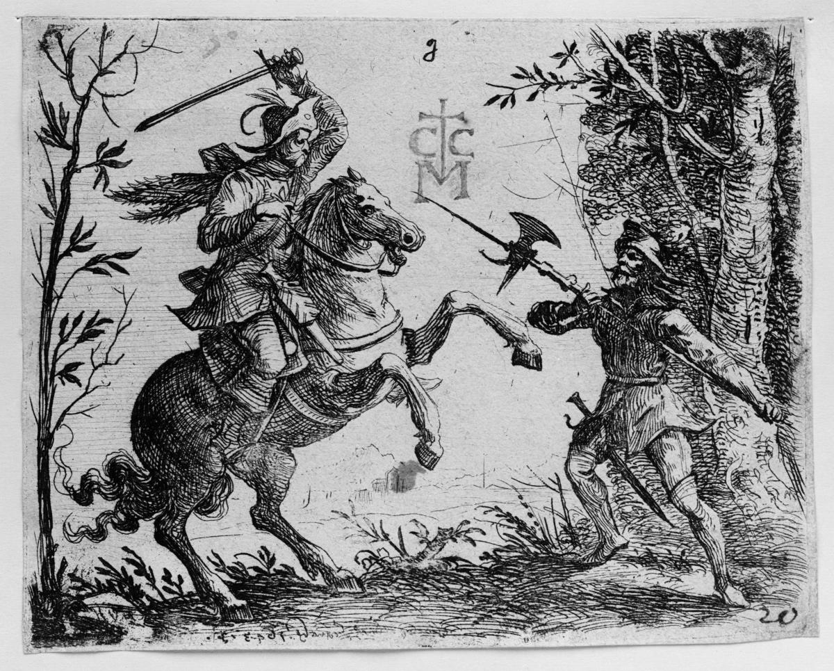 Kampf zwischen Reiter und Hellebardier. Aus: Schrecken des Dreißigjährigen Krieges