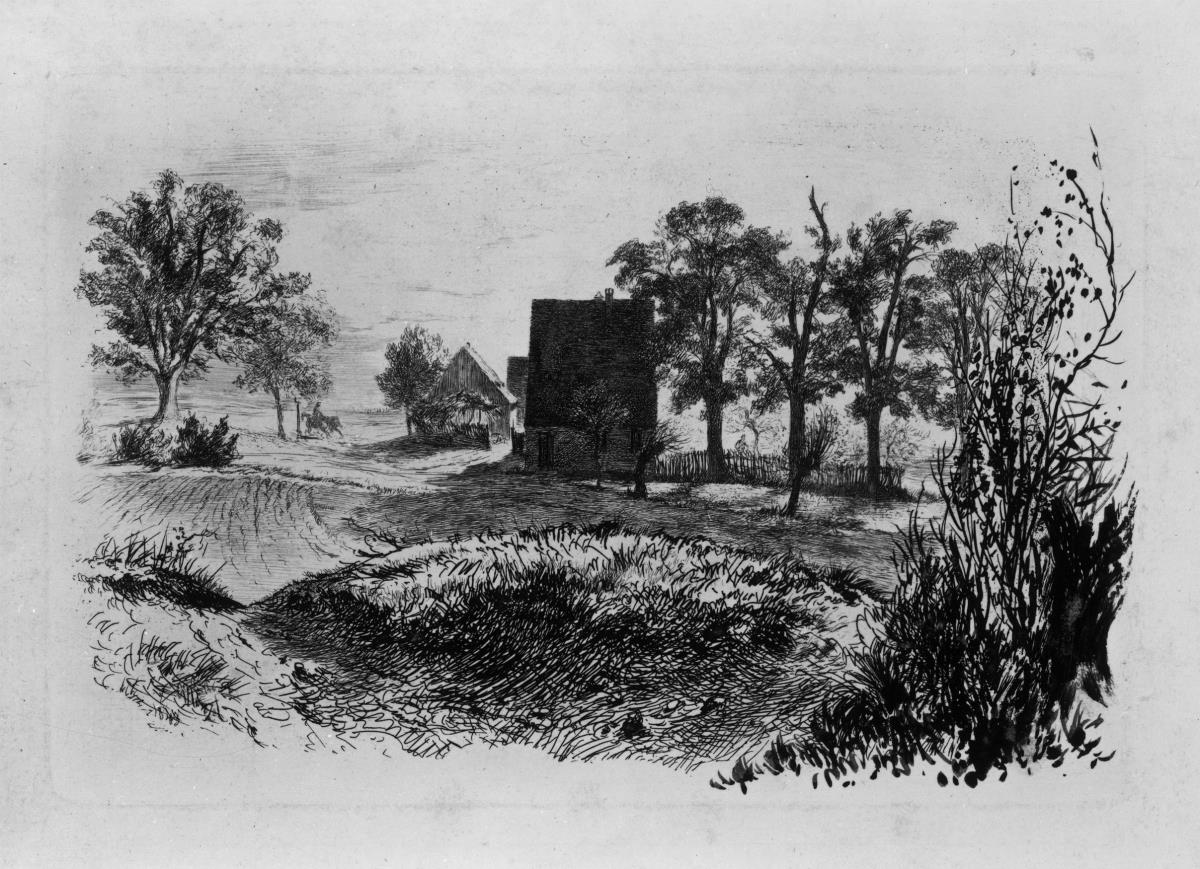 Landschaft mit drei Hütten