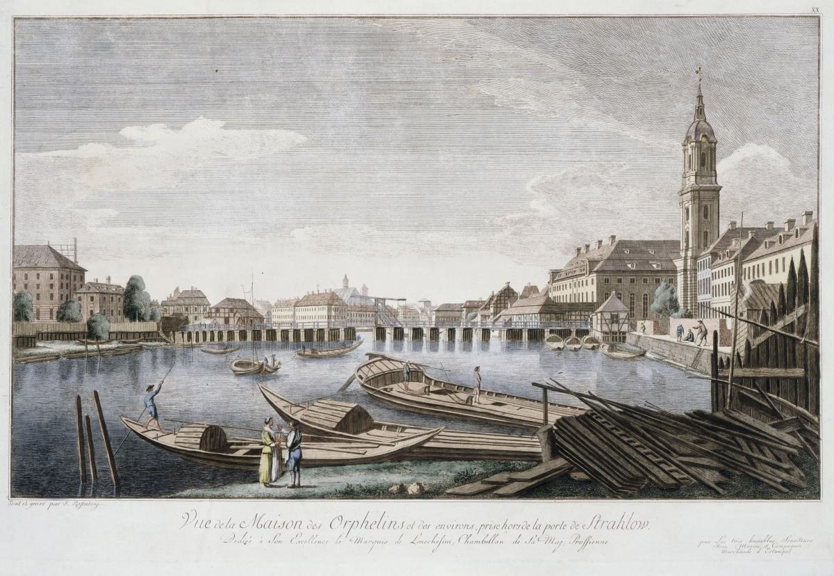Die Waisenhausbrücke mit dem Waisenhaus vor dem Stralauer Tor