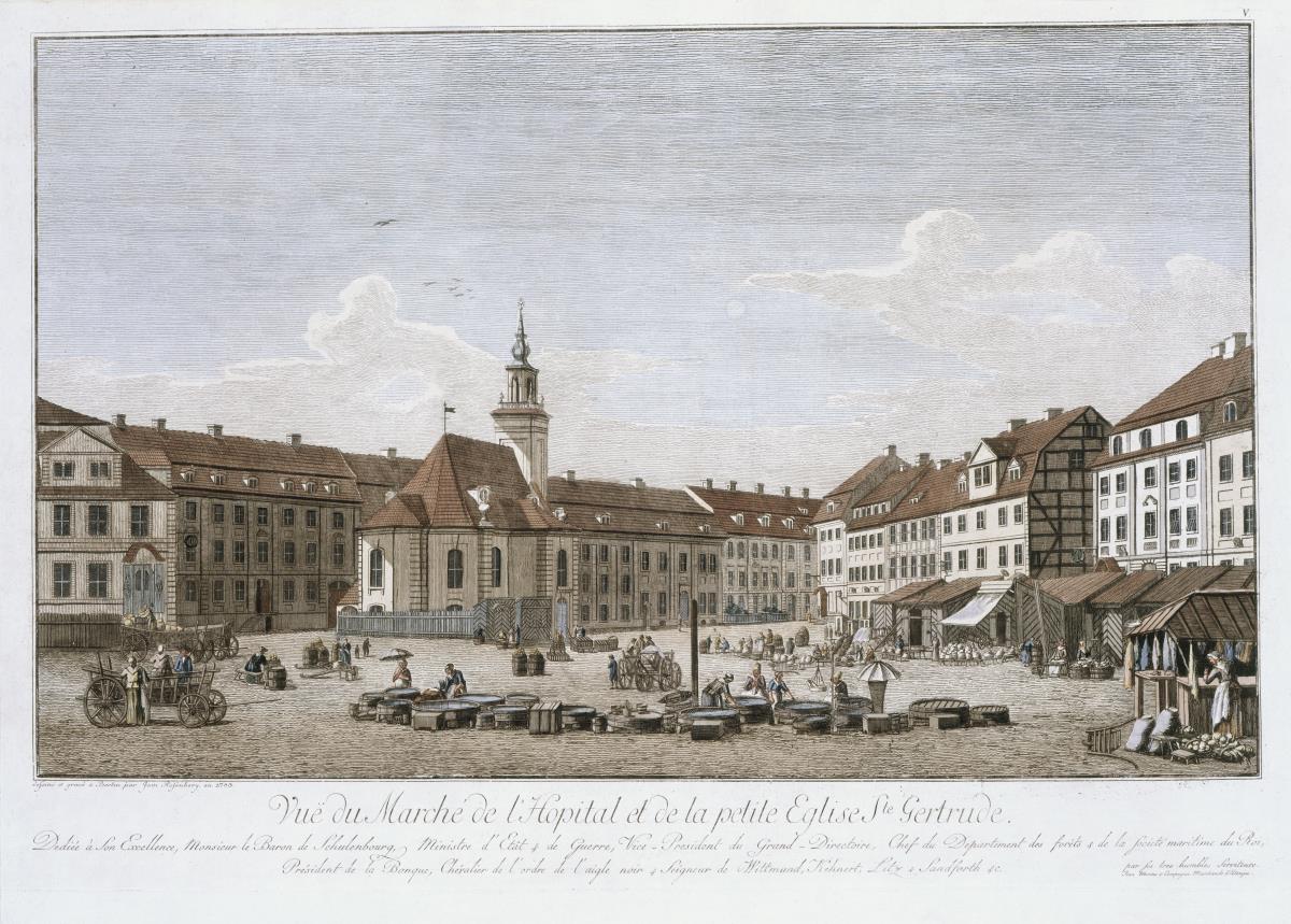 Platz vor dem Gertraudenhospital mit der gleichnamigen Kirche
