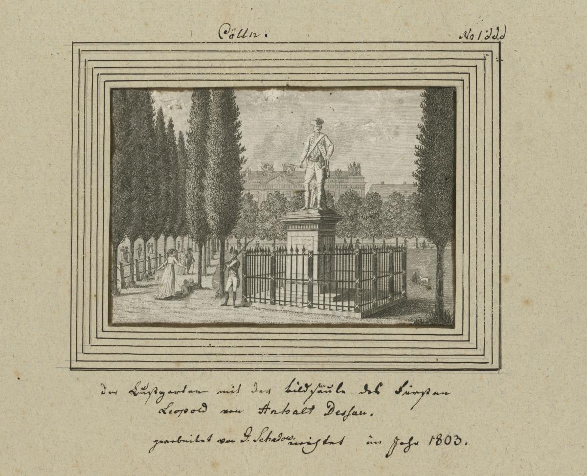Cölln. Der Lustgarten mit der Bildsäule des Fürsten Leopold von Anhalt Dessau. Gearbeitet von G. Schadow. errichtet im Jahr 1803.