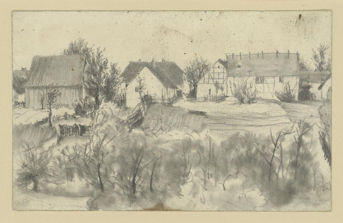 Blick auf Scheunen und Bauernhäuser, im Vordergrund niedrige Bäume und Buschwerk