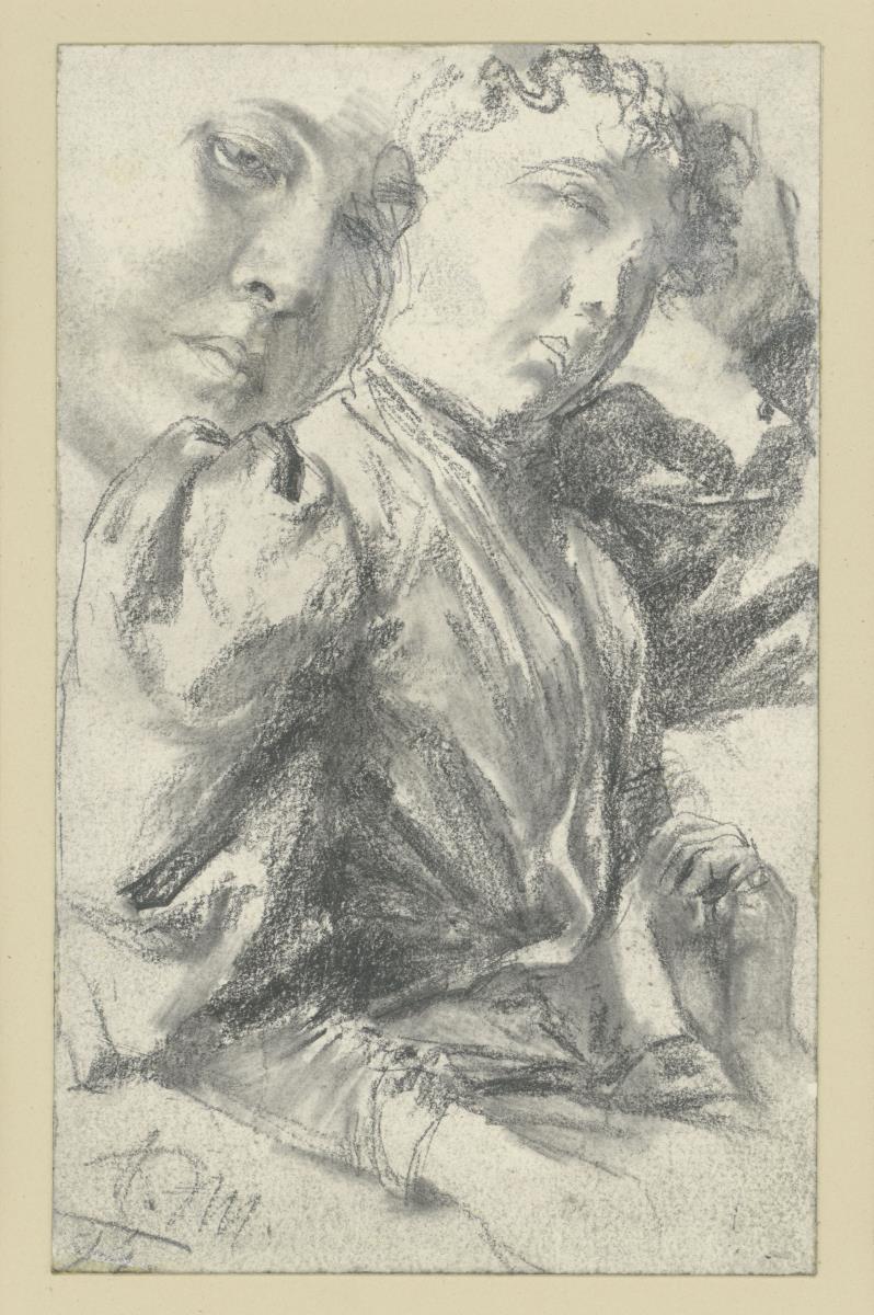 Weibliches Brustbild nach rechts, mit der Linken am Haar, Detailstudien des Gesichts un der linken Hand