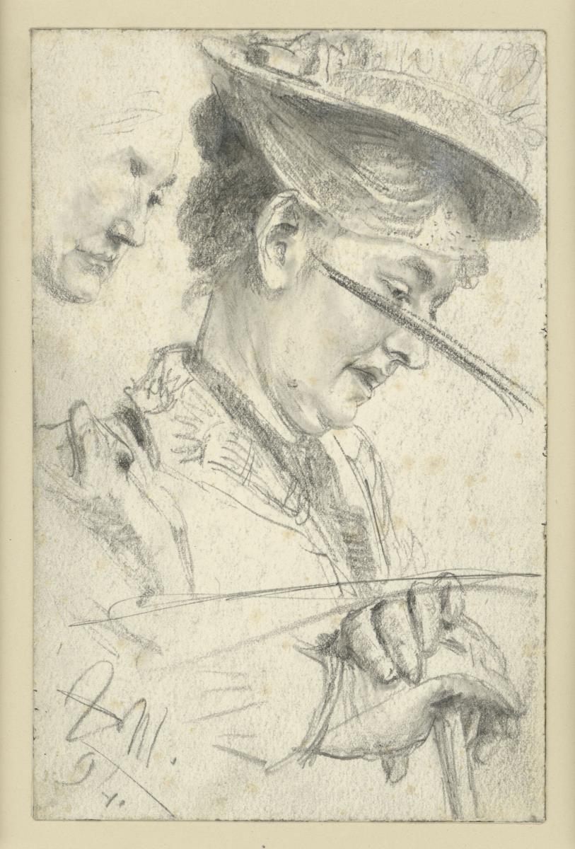 Porträt einer Dame im Hut, Brustbild nach rechts, Detailstudien der Handschuhe und Gesichtsprofil