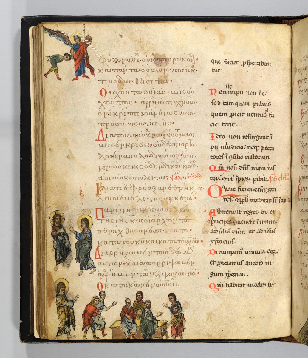 Psalterium und Breviarum graeco-latinum: Textseite mit Randzeichnungen: Ein Engel hält einen gebundenen Sünder / Christus und ein Jünger