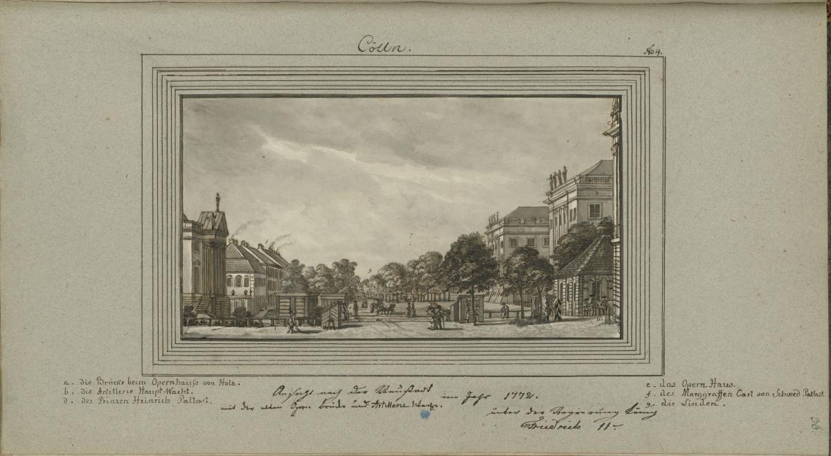 Cölln. Ansicht nach der Neustadt und der alten Opern Brücke und Artillerie Wache im Jahr 1772. Unter der Regierung König Friedrich IIten.