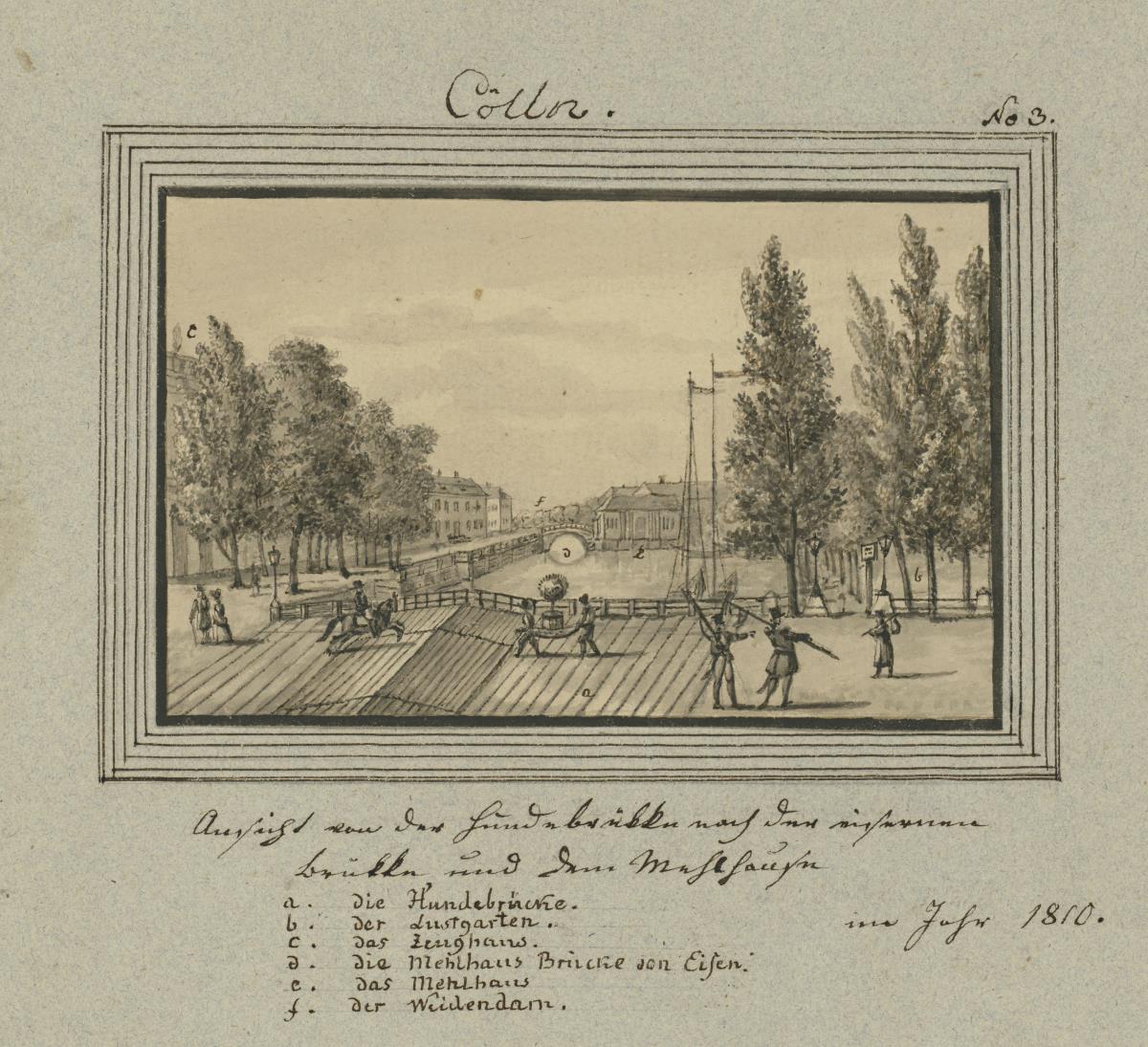 Cölln. Ansicht von der Hundebrükke nach der eisernen Brükke und dem Mehlhause im Jahr 1810.