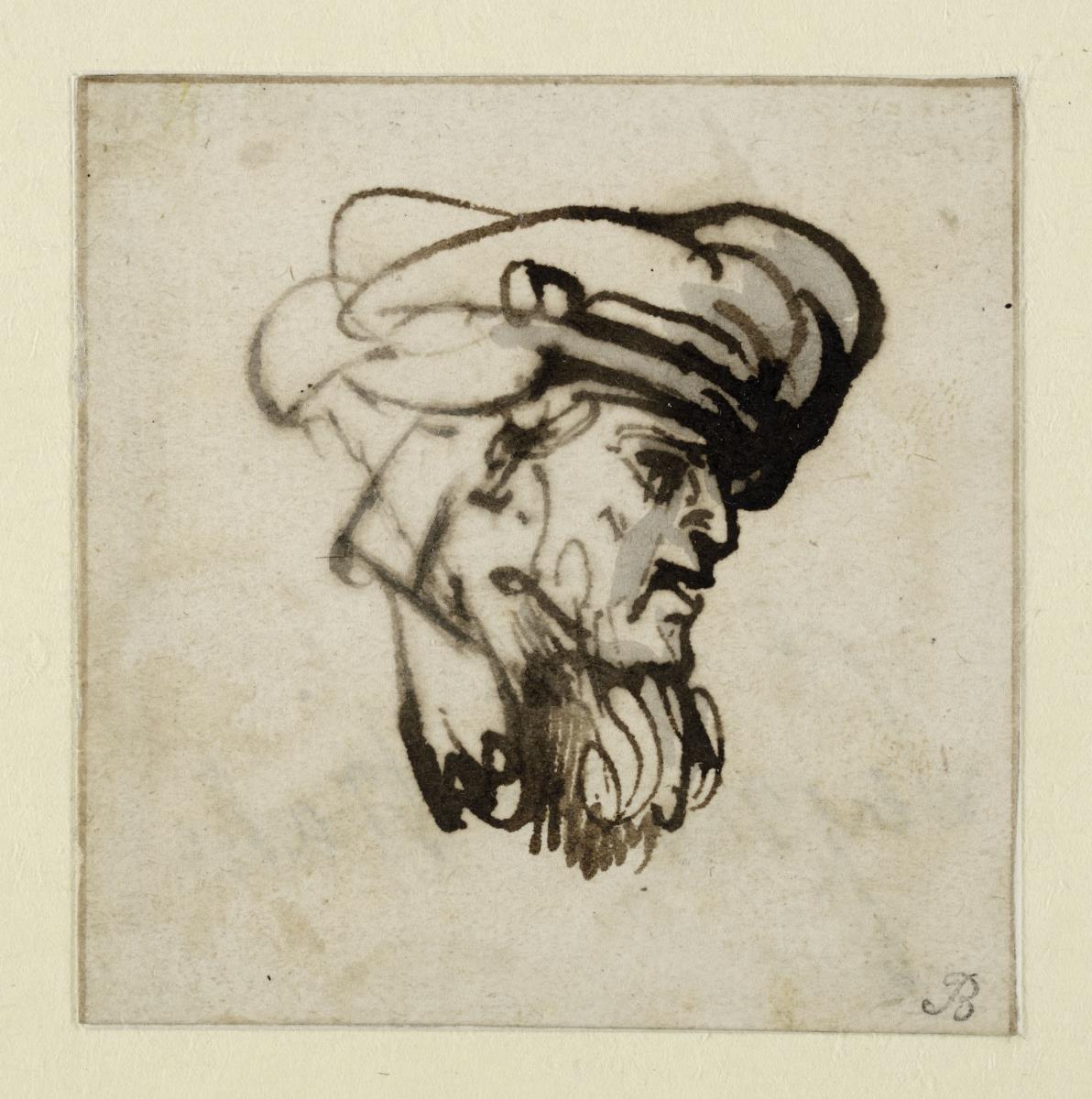 Bärtiger Kopf mit Turban nach rechts