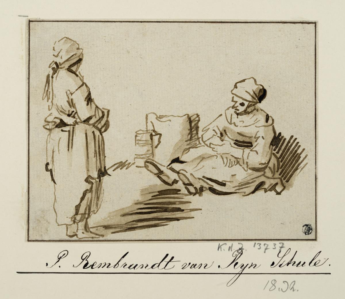 Studienblatt mit einer stehenden Frau links und einer sitzenden Frau rechts