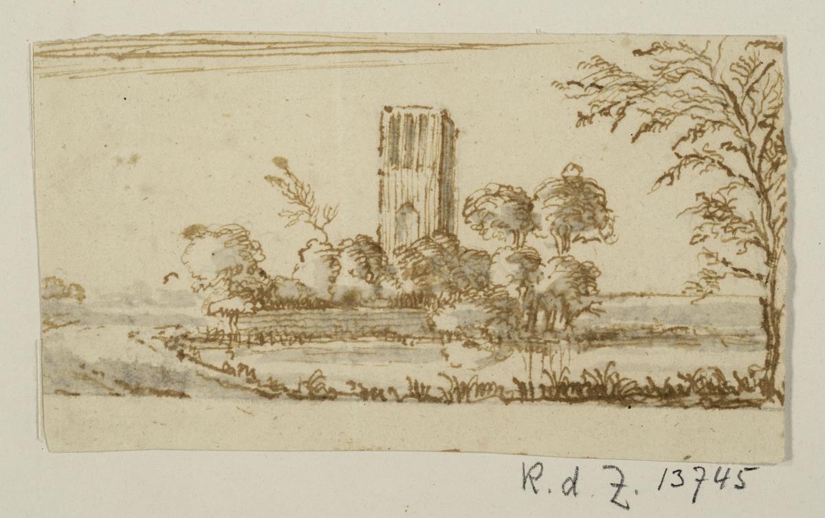 Landschaft mit viereckigem Turm, rechts Baumkulisse