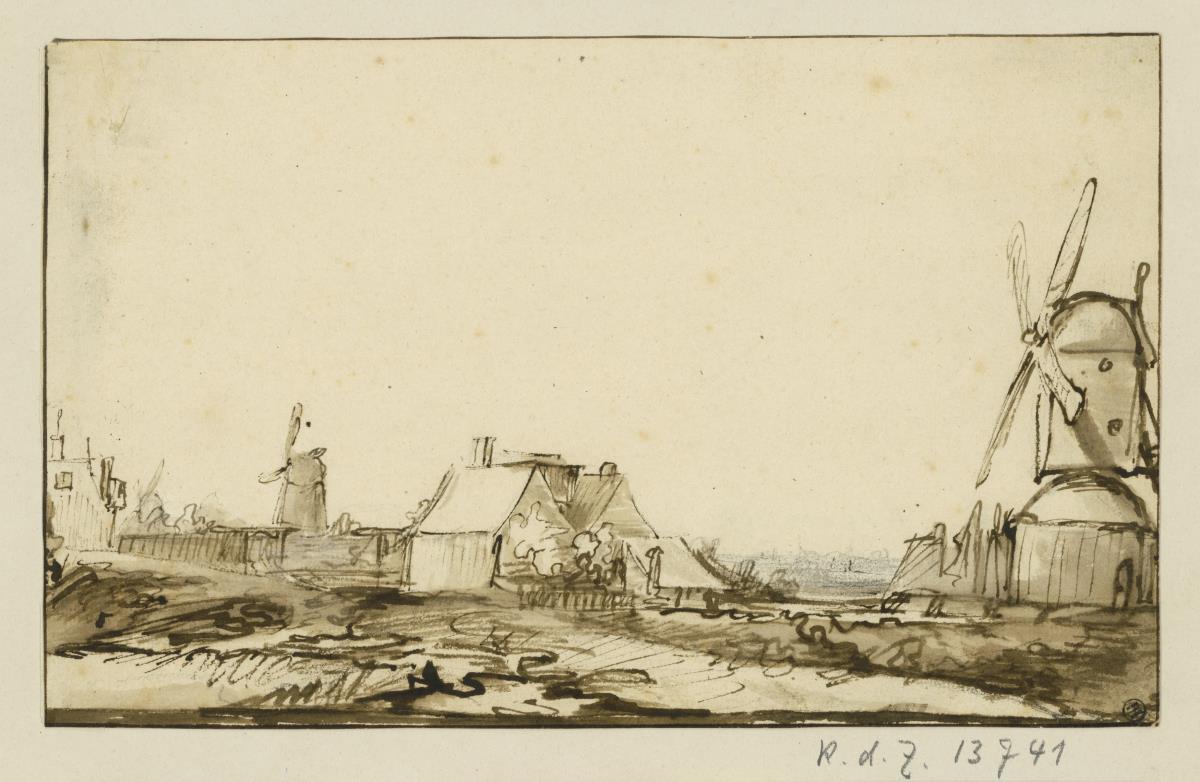 Landschaft mit Windmühle rechts