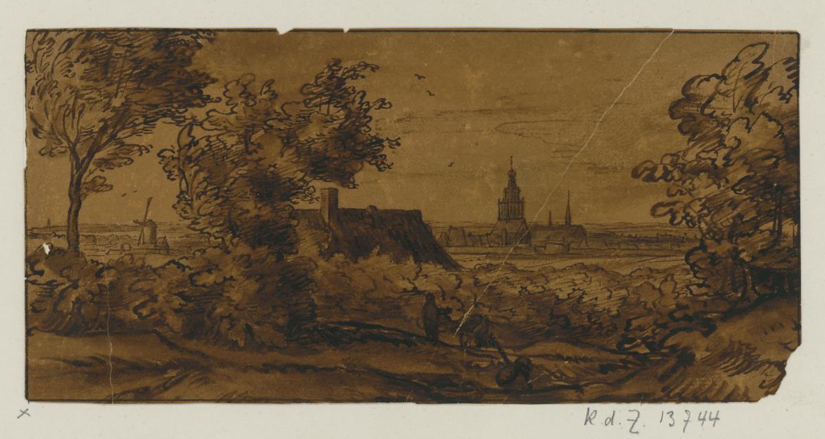 Landschaft mit Durchblick zwischen Büumen auf eine Ortschaft rechts im Mittelgrund