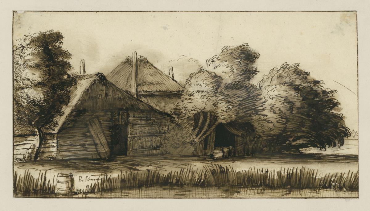 Hütte und Heuschober zwischen Bäumen, vorn von Schilf begrenztes Wasser
