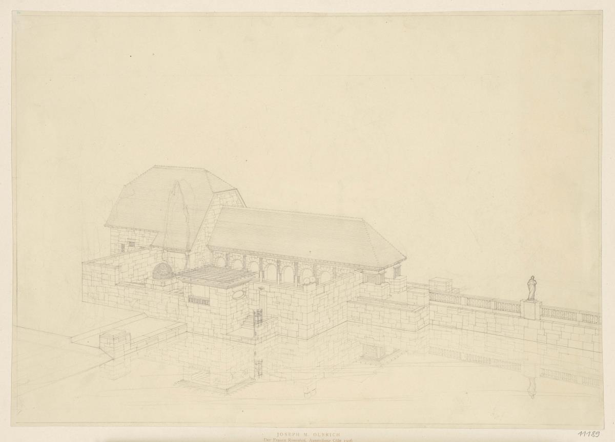 Köln, Frauenrosenhof der Deutschen Kunstausstellung, Skizzenblatt mit Vogelperspektive von Westen