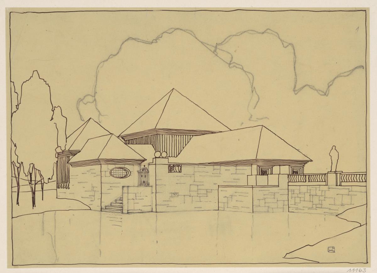 Köln, Frauenrosenhof der Deutschen Kunstausstellung, Vorentwurf, Perspektive von Westen