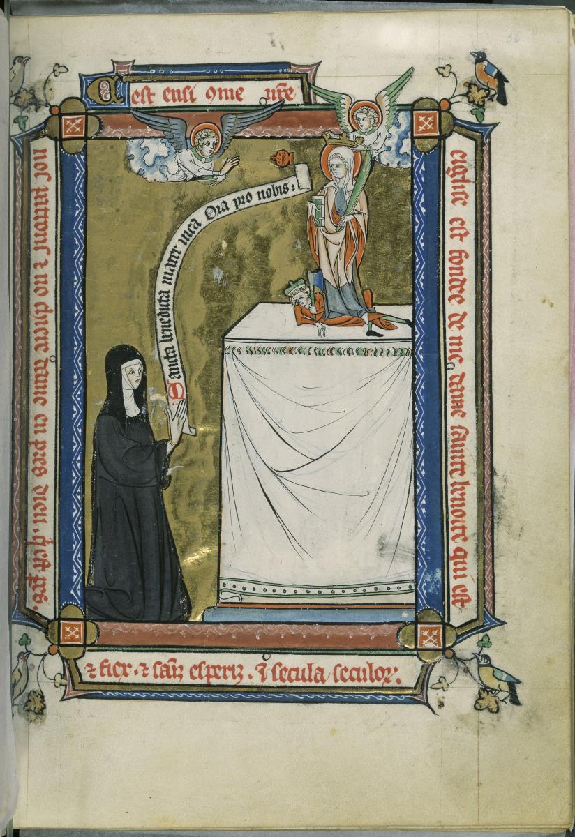 Vie de Sainte Benoîte d'Origny. Eine Äbtissin kniet betend vor dem Altar der Hl. Benedikta, deren Statue von zwei Engeln gekrönt wird
